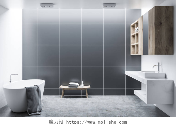 简约风格装修的浴室黑色瓷砖现代浴室内有木制橱柜, 一个白色浴缸和一个水槽。一层水泥地板。3d 渲染模拟